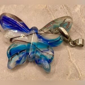 Blue and White Art Glass Butterfly Pendant with Silver Tone Clasp